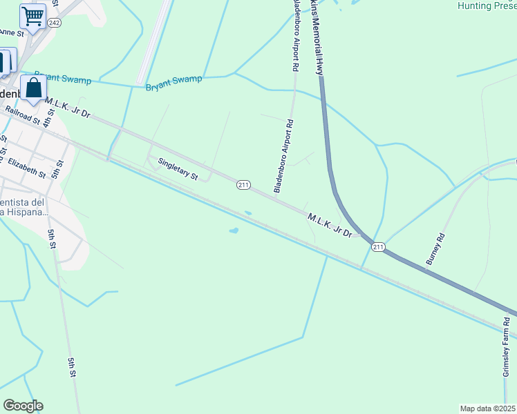 map of restaurants, bars, coffee shops, grocery stores, and more near North Carolina 211 Highway West in Bladenboro