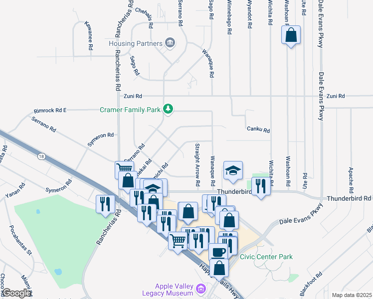 map of restaurants, bars, coffee shops, grocery stores, and more near 15501 Kiamichi Road in Apple Valley