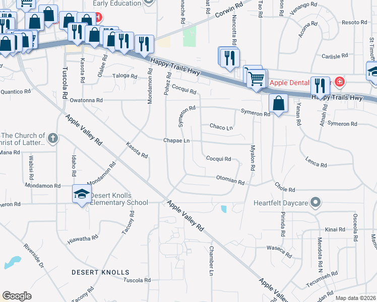 map of restaurants, bars, coffee shops, grocery stores, and more near 18543 Symeron Road in Apple Valley