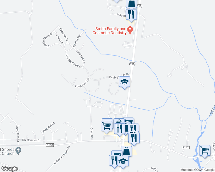 map of restaurants, bars, coffee shops, grocery stores, and more near 251 Silver Creek Loop in Sneads Ferry