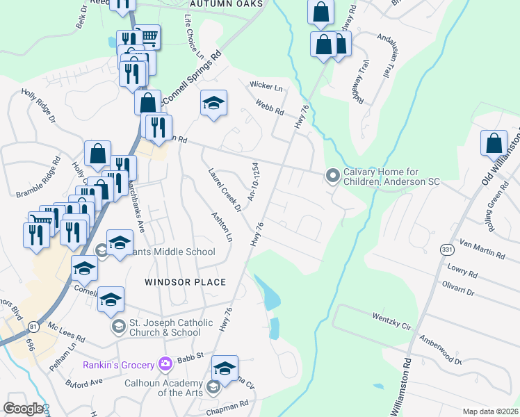 map of restaurants, bars, coffee shops, grocery stores, and more near 1909 East Calhoun Street in Anderson