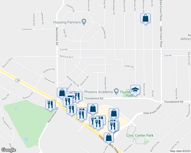 map of restaurants, bars, coffee shops, grocery stores, and more near 15496 Straight Arrow Road in Apple Valley