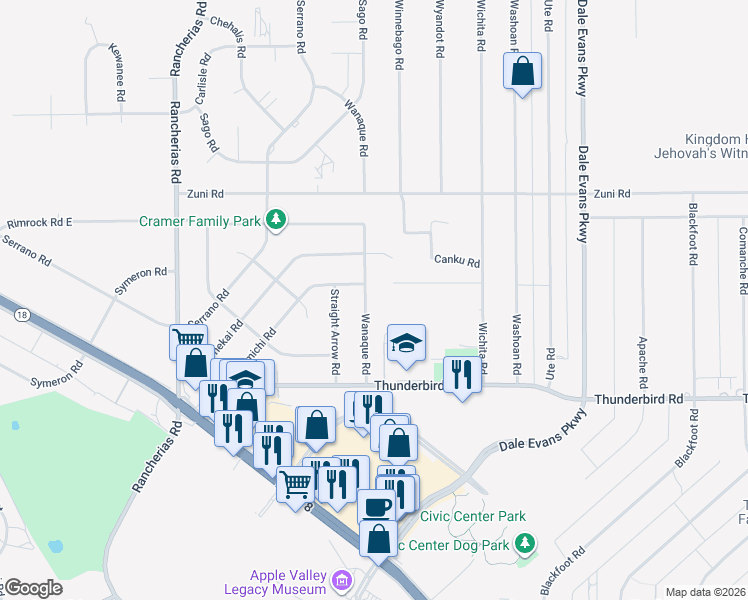 map of restaurants, bars, coffee shops, grocery stores, and more near 15497 Wanaque Road in Apple Valley