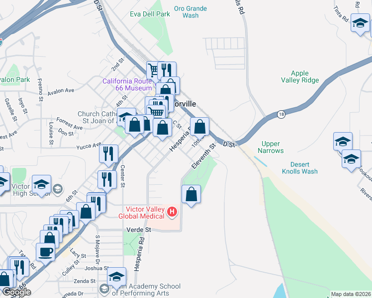 map of restaurants, bars, coffee shops, grocery stores, and more near 17026 B Street in Victorville