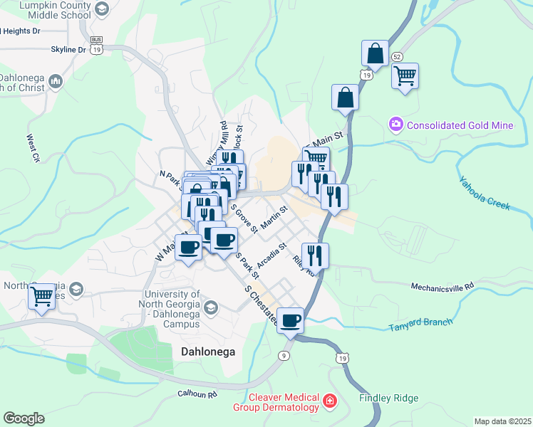 map of restaurants, bars, coffee shops, grocery stores, and more near 58 Alma Street in Dahlonega