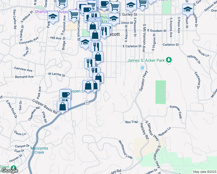 map of restaurants, bars, coffee shops, grocery stores, and more near 537 S Cortez St in Prescott