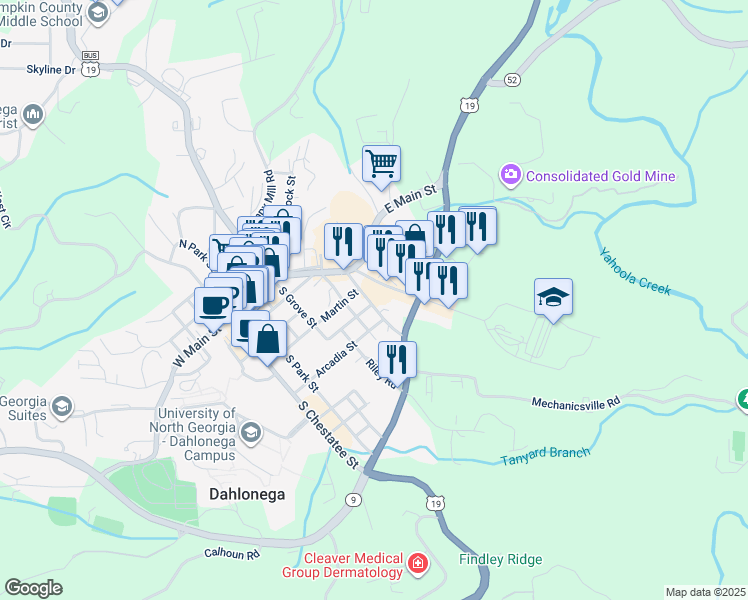 map of restaurants, bars, coffee shops, grocery stores, and more near 95A Mechanic Street Southeast in Dahlonega