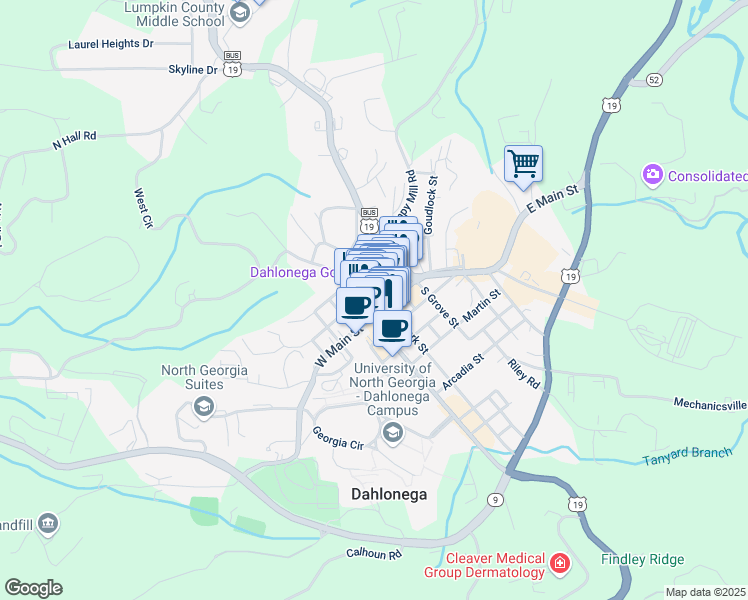 map of restaurants, bars, coffee shops, grocery stores, and more near 78 Public Square North in Dahlonega