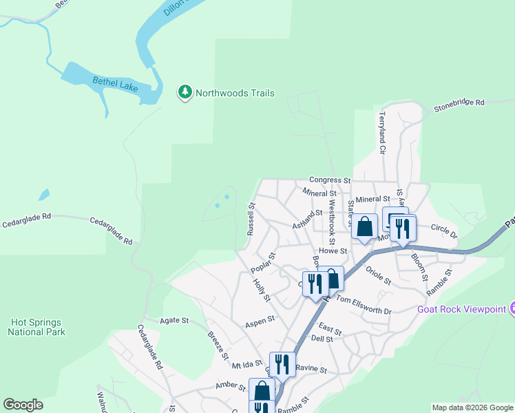 map of restaurants, bars, coffee shops, grocery stores, and more near 218 Elizabeth Terrace in Hot Springs