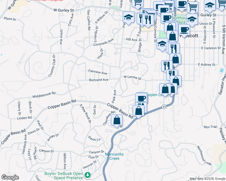 map of restaurants, bars, coffee shops, grocery stores, and more near 538 Park Avenue in Prescott