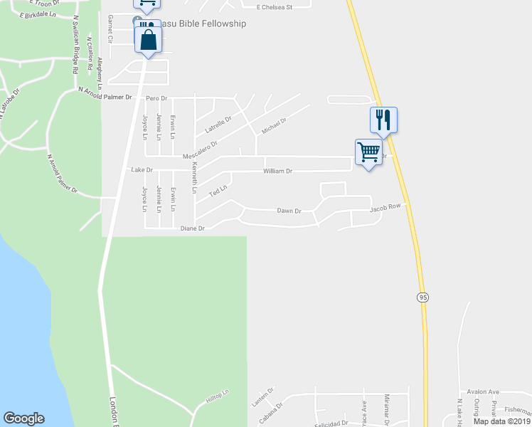 map of restaurants, bars, coffee shops, grocery stores, and more near 2272 Dawn Drive in Lake Havasu City