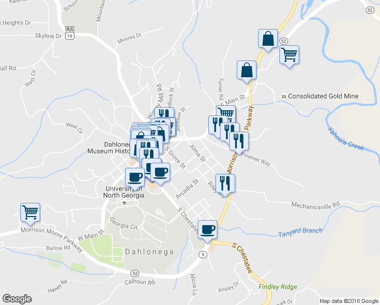 map of restaurants, bars, coffee shops, grocery stores, and more near 58 Alma Street in Dahlonega