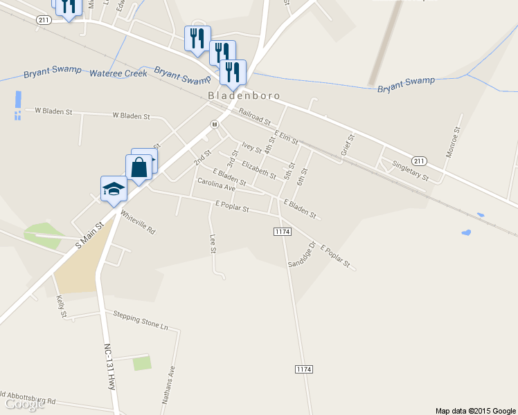 map of restaurants, bars, coffee shops, grocery stores, and more near 418 East Poplar Street in Bladenboro