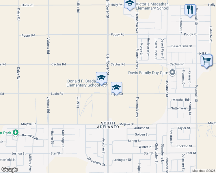 map of restaurants, bars, coffee shops, grocery stores, and more near 15549 Bellflower Street in Adelanto
