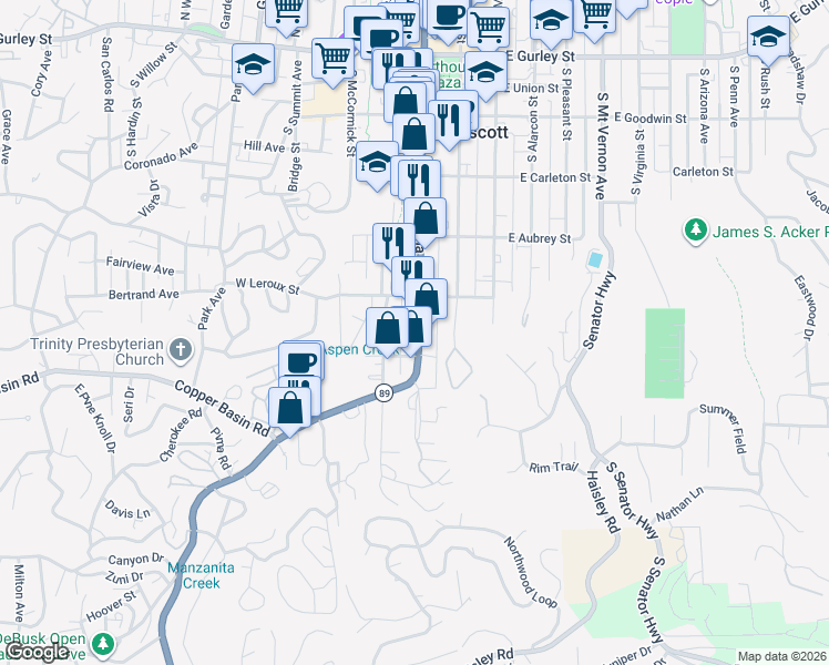 map of restaurants, bars, coffee shops, grocery stores, and more near 535 South Montezuma Street in Prescott