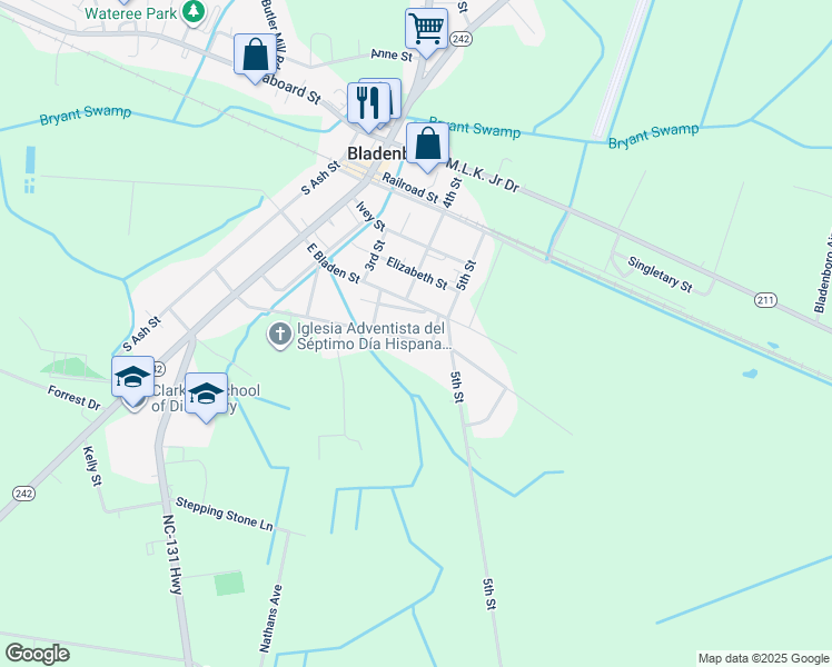 map of restaurants, bars, coffee shops, grocery stores, and more near 418 East Poplar Street in Bladenboro