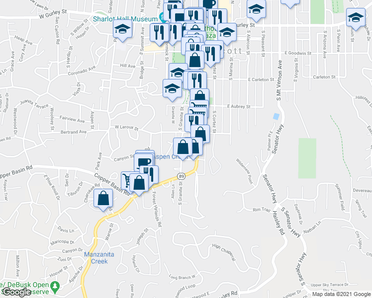 map of restaurants, bars, coffee shops, grocery stores, and more near 531 South Granite Street in Prescott