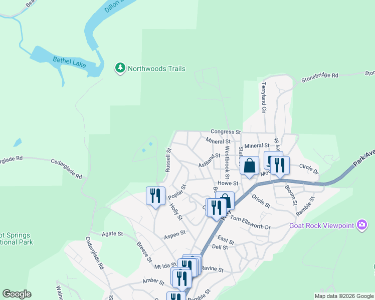 map of restaurants, bars, coffee shops, grocery stores, and more near 425 Bower Street in Hot Springs