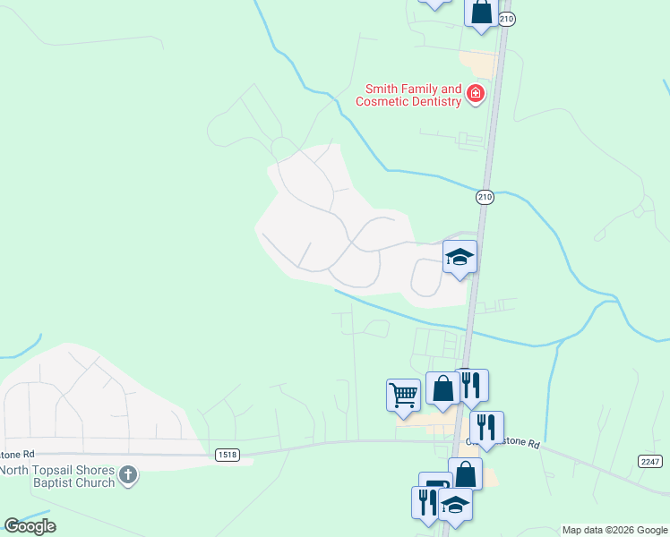 map of restaurants, bars, coffee shops, grocery stores, and more near 207 Long Pond Drive in Sneads Ferry