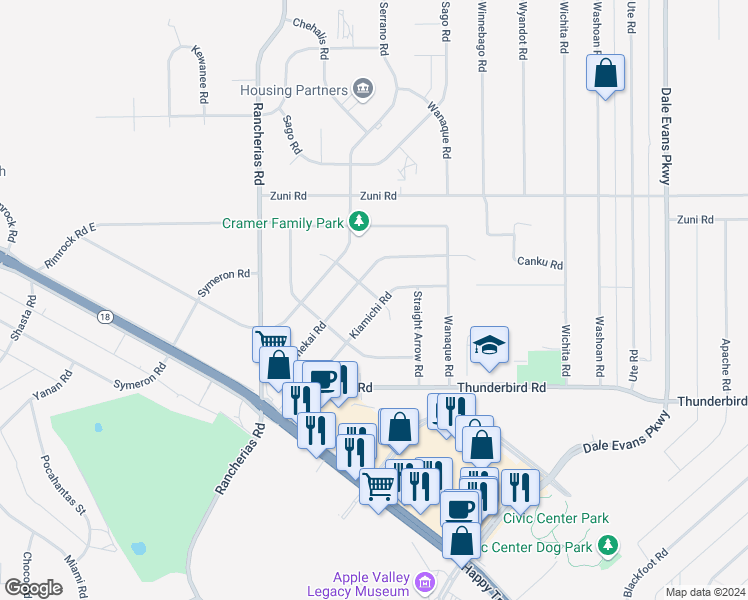 map of restaurants, bars, coffee shops, grocery stores, and more near 20373 Pawhuska Road in Apple Valley