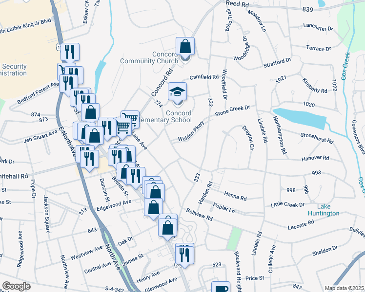 map of restaurants, bars, coffee shops, grocery stores, and more near 502 Walden Parkway in Anderson