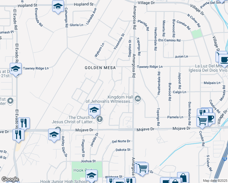 map of restaurants, bars, coffee shops, grocery stores, and more near 15543 Amber Pointe Drive in Victorville