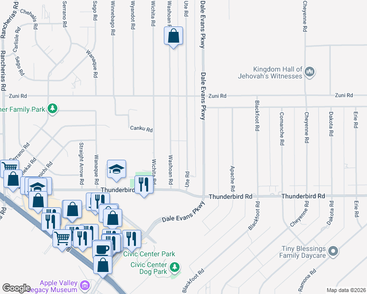 map of restaurants, bars, coffee shops, grocery stores, and more near 15498 Ute Road in Apple Valley