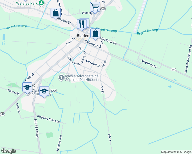 map of restaurants, bars, coffee shops, grocery stores, and more near 107 Hill Street in Elizabethtown