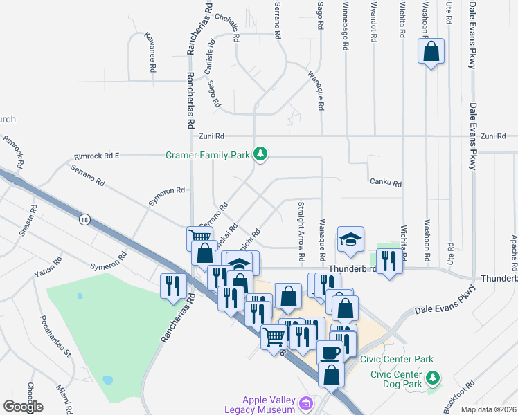 map of restaurants, bars, coffee shops, grocery stores, and more near 15495 Tonekai Road in Apple Valley