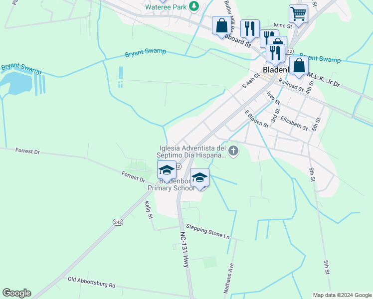 map of restaurants, bars, coffee shops, grocery stores, and more near 801 South Main Street in Bladenboro