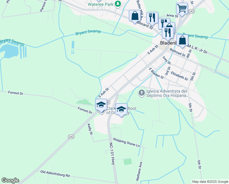 map of restaurants, bars, coffee shops, grocery stores, and more near 801 South Main Street in Bladenboro