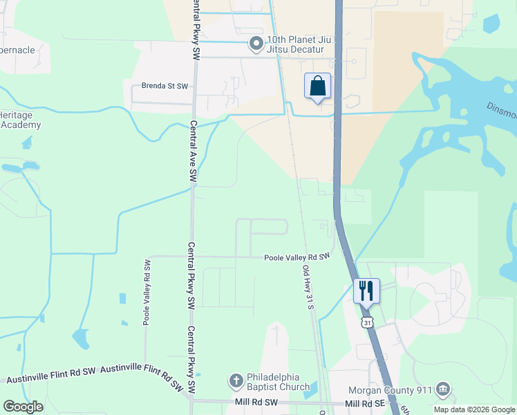 map of restaurants, bars, coffee shops, grocery stores, and more near 3920 Ryan Drive Southwest in Decatur