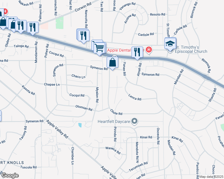 map of restaurants, bars, coffee shops, grocery stores, and more near 15515 Chole Road in Apple Valley