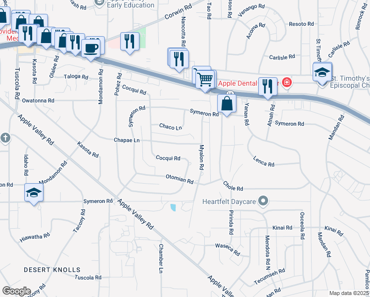 map of restaurants, bars, coffee shops, grocery stores, and more near 18803 Chapae Lane in Apple Valley