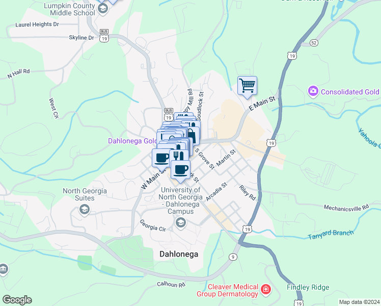 map of restaurants, bars, coffee shops, grocery stores, and more near 60 East Main Street in Dahlonega