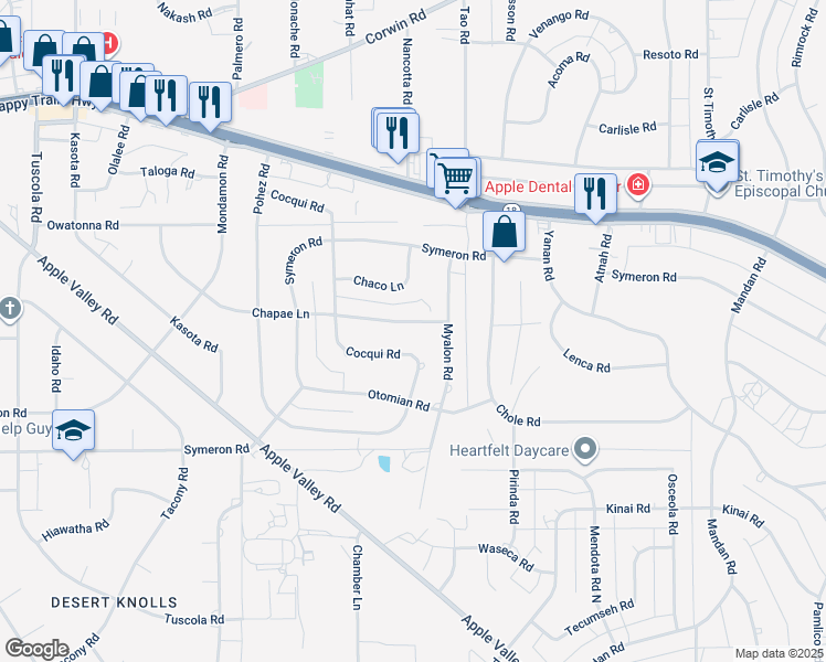 map of restaurants, bars, coffee shops, grocery stores, and more near 18803 Chapae Lane in Apple Valley