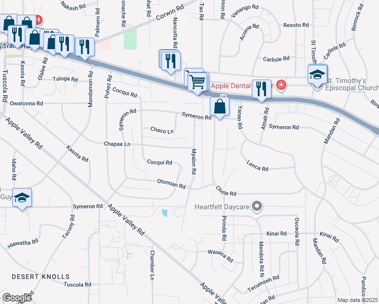 map of restaurants, bars, coffee shops, grocery stores, and more near 18845 Chapae Lane in Apple Valley