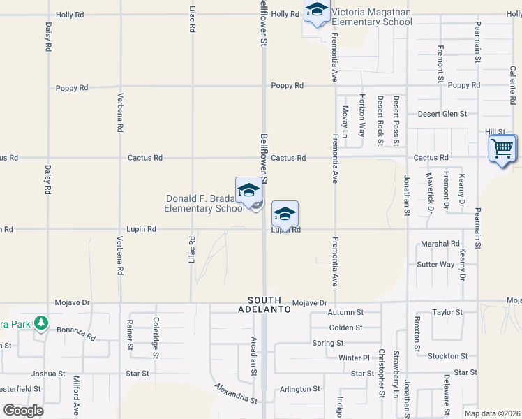map of restaurants, bars, coffee shops, grocery stores, and more near 15550 Bellflower Street in Adelanto