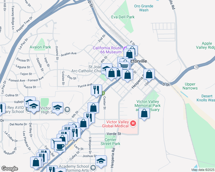 map of restaurants, bars, coffee shops, grocery stores, and more near Seventh Avenue in Victorville