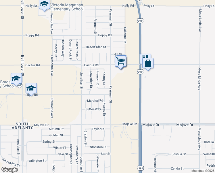 map of restaurants, bars, coffee shops, grocery stores, and more near 11878 Amanda Lane in Adelanto