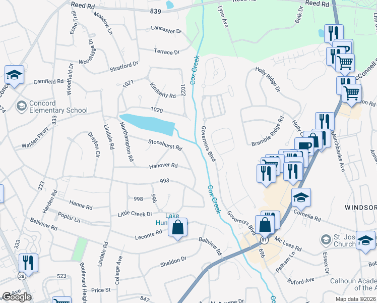 map of restaurants, bars, coffee shops, grocery stores, and more near 1404 Stonehurst Road in Anderson