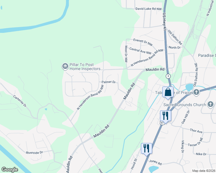 map of restaurants, bars, coffee shops, grocery stores, and more near 518 North Henderson Bend Road Northwest in Calhoun