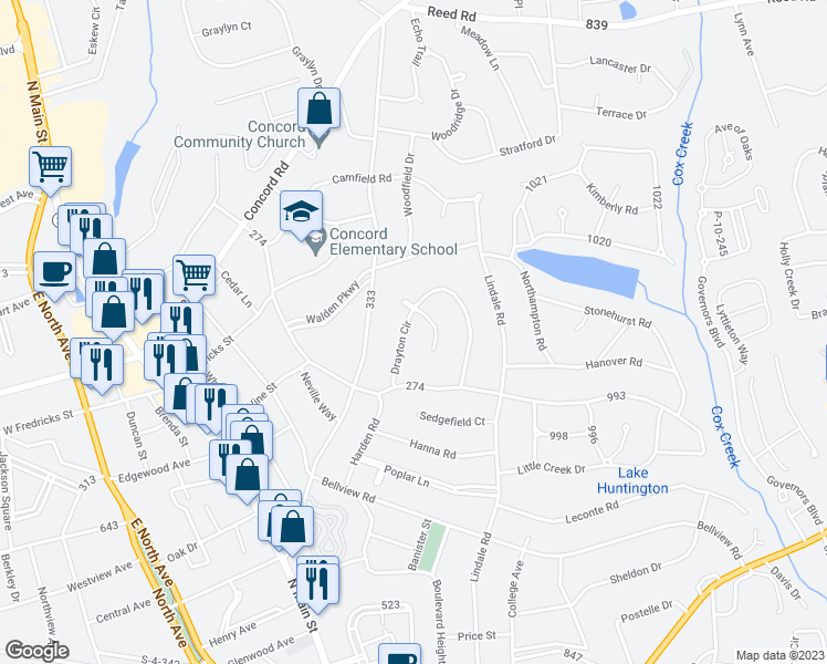 map of restaurants, bars, coffee shops, grocery stores, and more near 509 Drayton Circle in Anderson