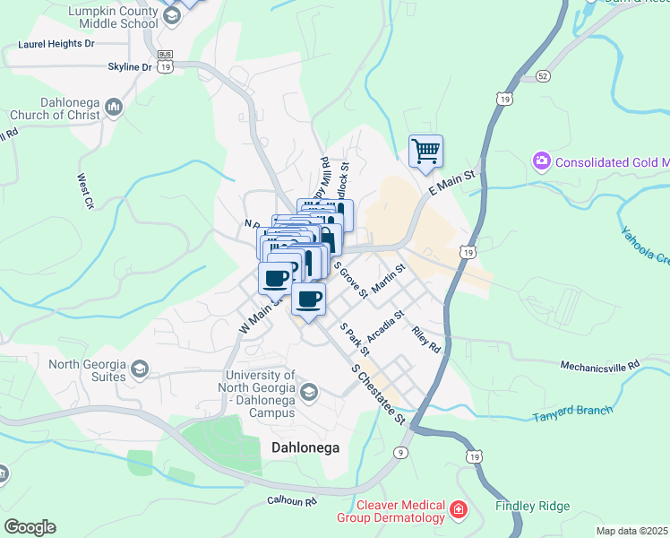 map of restaurants, bars, coffee shops, grocery stores, and more near 60 East Main Street in Dahlonega