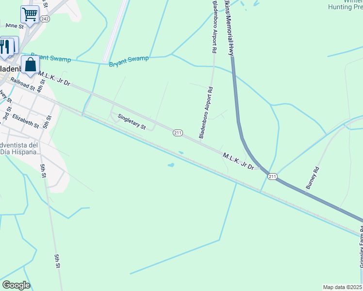map of restaurants, bars, coffee shops, grocery stores, and more near North Carolina 211 Highway West in Bladenboro