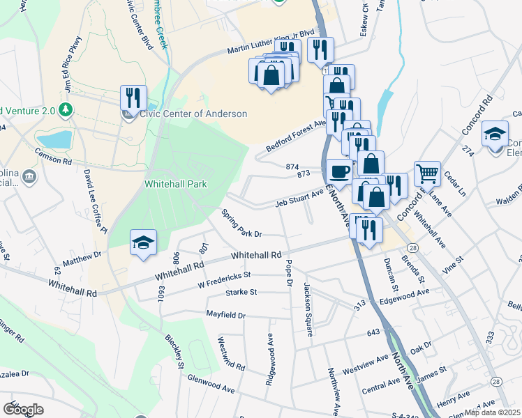 map of restaurants, bars, coffee shops, grocery stores, and more near 409 Jeb Stuart Avenue in Anderson