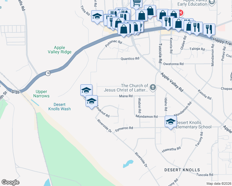map of restaurants, bars, coffee shops, grocery stores, and more near 17862 Mana Road in Apple Valley