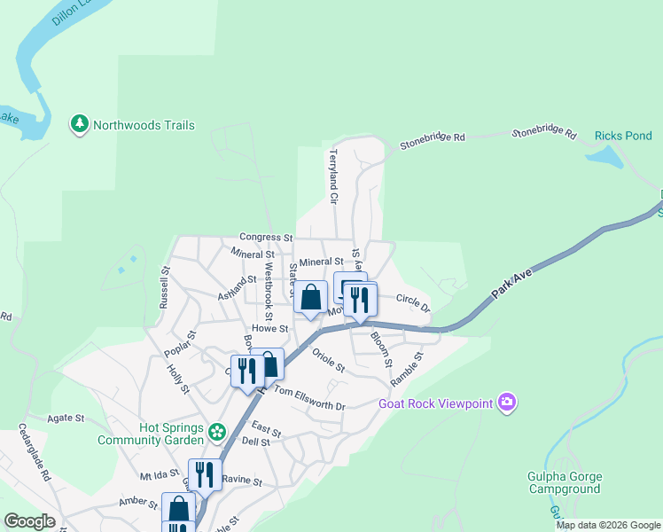 map of restaurants, bars, coffee shops, grocery stores, and more near 206 Harrell Street in Hot Springs
