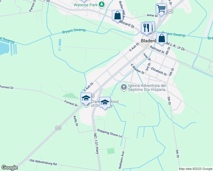 map of restaurants, bars, coffee shops, grocery stores, and more near 718 South Main Street in Bladenboro