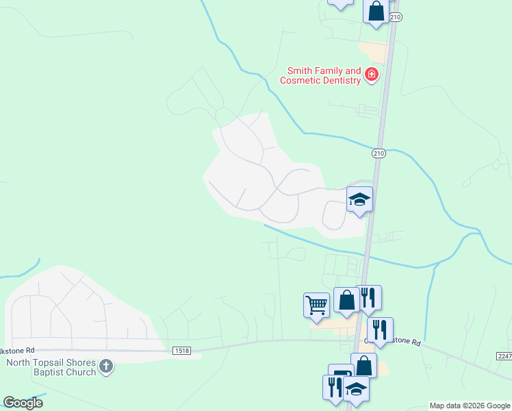 map of restaurants, bars, coffee shops, grocery stores, and more near 214 Long Pond Drive in Sneads Ferry